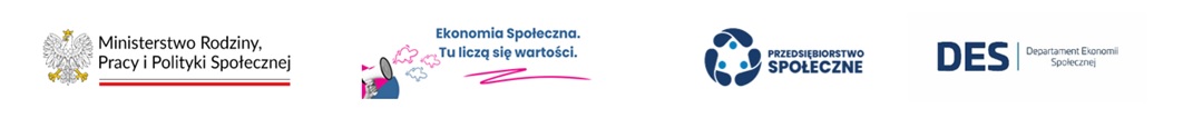 Logotypy Ministerstwa Rodziny, Pracy i Polityki Społecznej, kampanii „Ekonomia Społeczna. Tu liczą się wartości.”, znaku „Przedsiębiorstwo Społeczne” oraz Departamentu Ekonomii Społecznej.