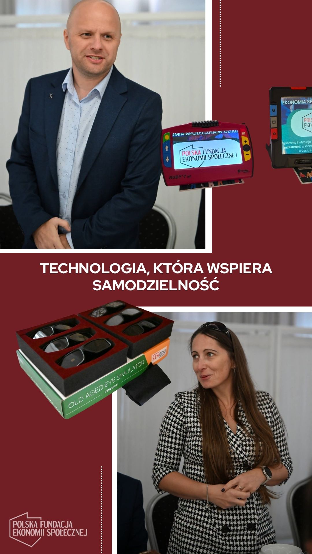 Przedstawiciele fundacji podczas spotkania oraz prezentacja powiększalnika elektronicznego i okularów symulujących wady wzroku.