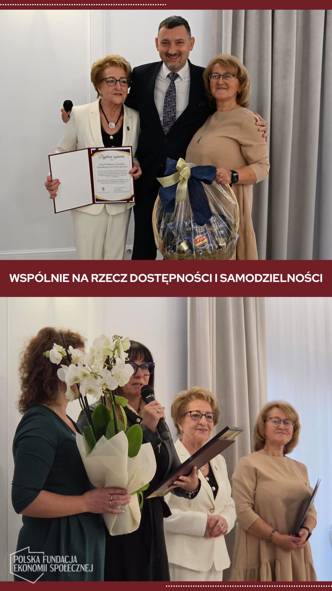 Wręczenie dyplomu i upominku podczas uroczystości. Na drugim zdjęciu kobiety podczas przemówienia.