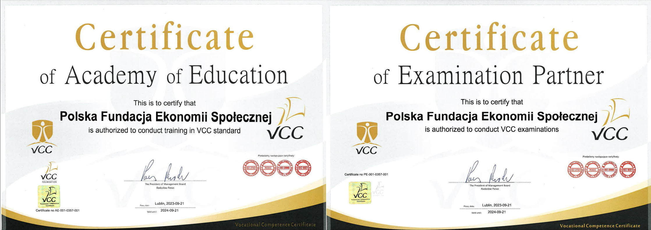 VCC Certyfikat PFES