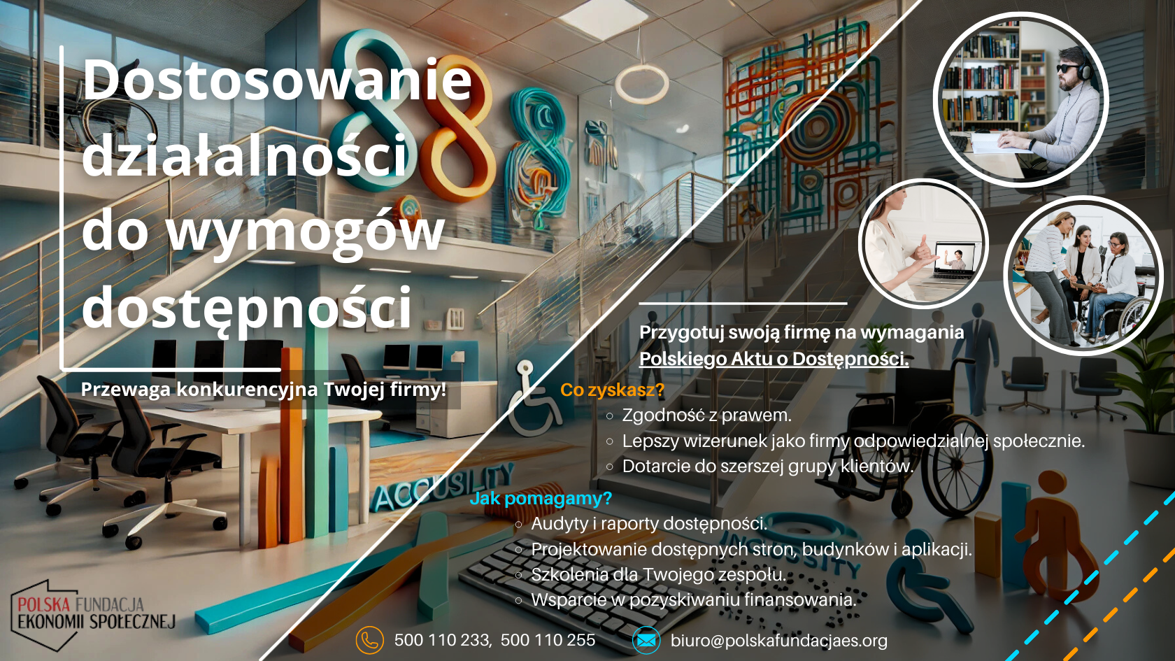 Grafika promująca ofertę wsparcia dla firm w dostosowaniu działalności do wymogów dostępności, z hasłami podkreślającymi korzyści i profesjonalne podejście.