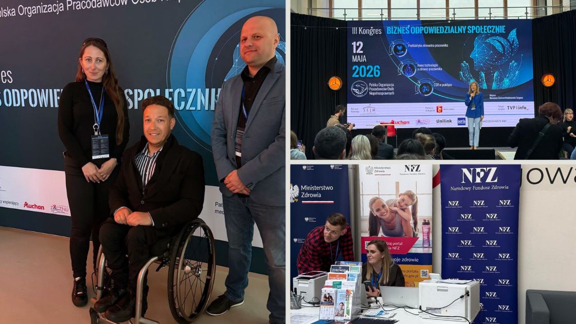 Reprezentanci PFES na Konferencji, scena i wystawcy.
