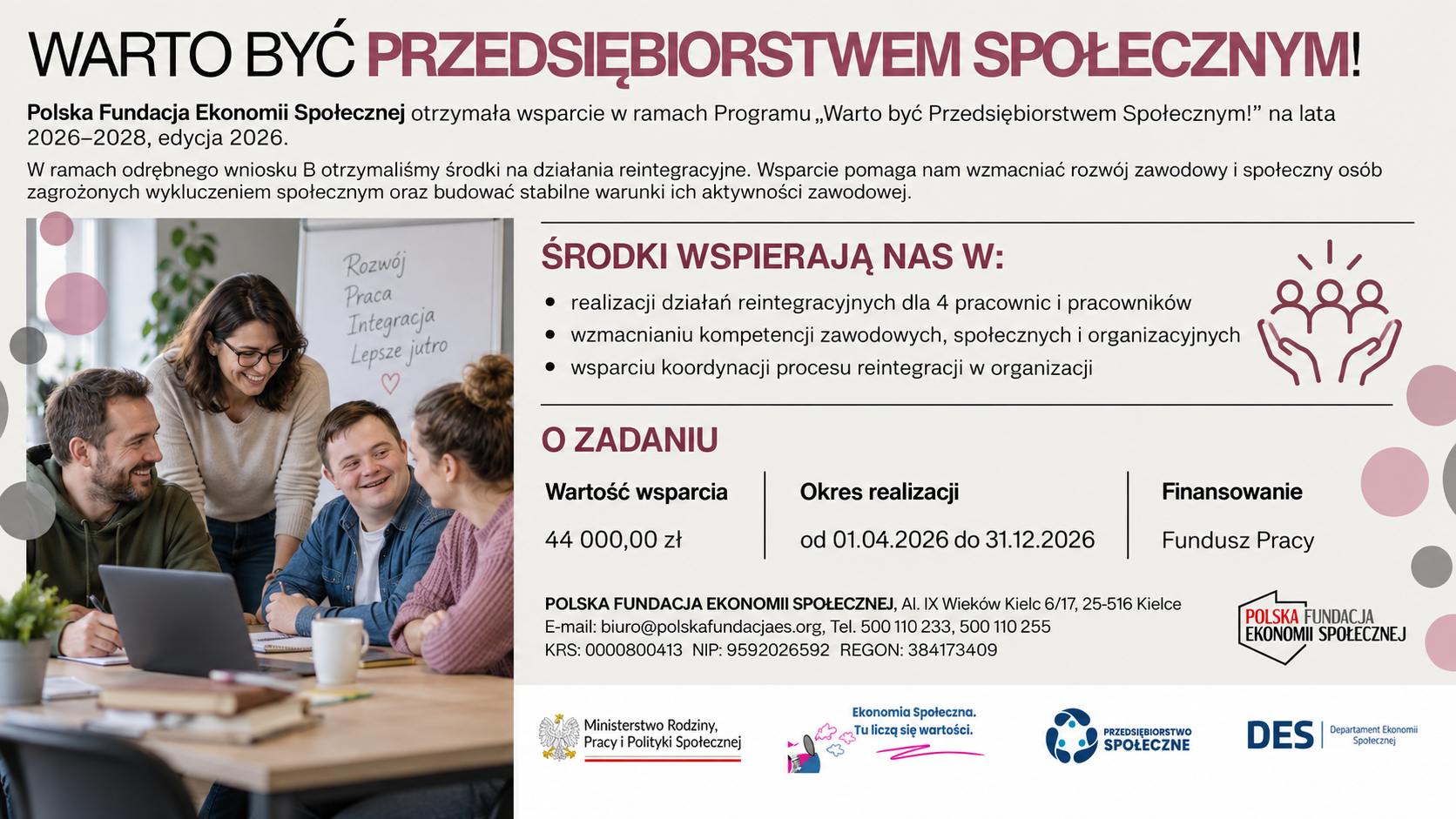 Grafika informacyjna programu „Warto być Przedsiębiorstwem Społecznym!”, przedstawiająca informacje o wsparciu Polskiej Fundacji Ekonomii Społecznej na działania reintegracyjne dla 4 pracowników w 2026 roku.